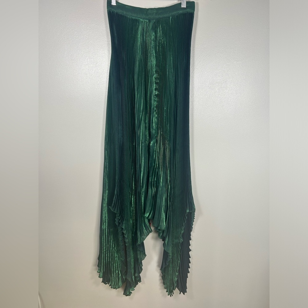 New NWT L'IDÉE Pleated Green Maxi Papillon Skirt in Pine Shimmer